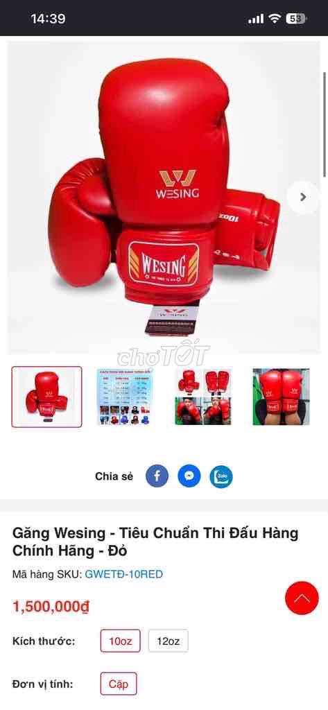 Găng tay boxing Wesing 10oz Đỏ