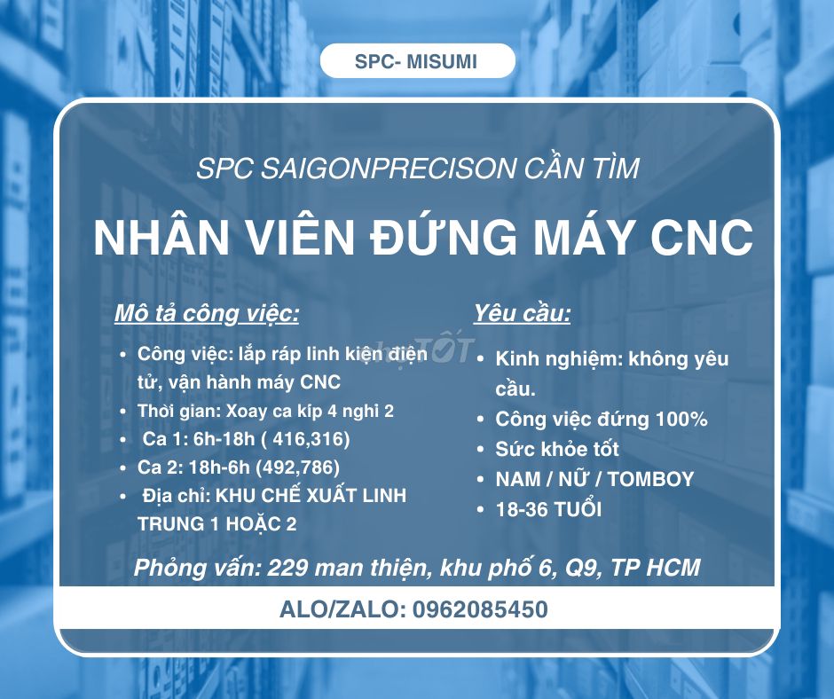 TUYỂN LĐPT NHÂN VIÊN ĐỨNG MÁY CNC