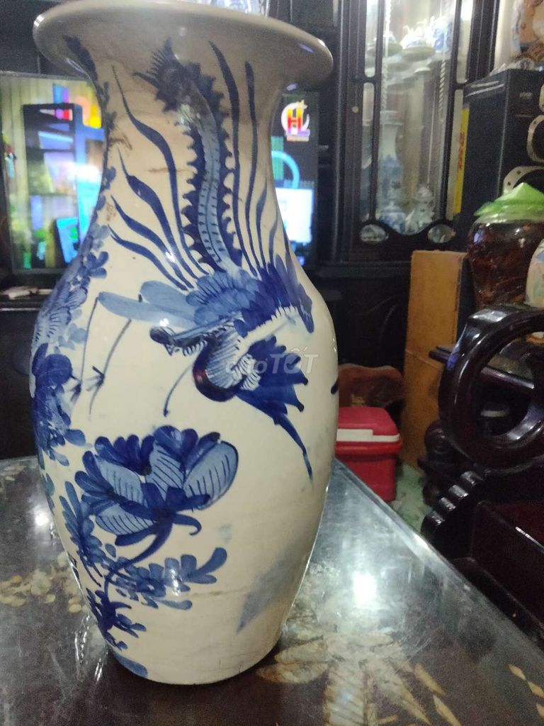 Bình gốm sứ chim trĩ trắng xanh 42cm. Mua bán Cây cảnh, đồ trang trí tại Huyện Thủ Thừa Long An được đăng bởi Mua bán đồ xưa hình 1