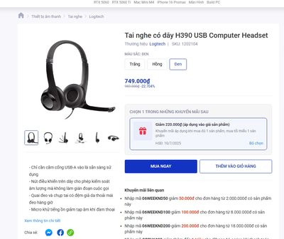 Tai nghe có dây Logitech H390. Mua bán Tivi, Âm thanh tại Quận Hoàng Mai Hà Nội được đăng bởi Cường