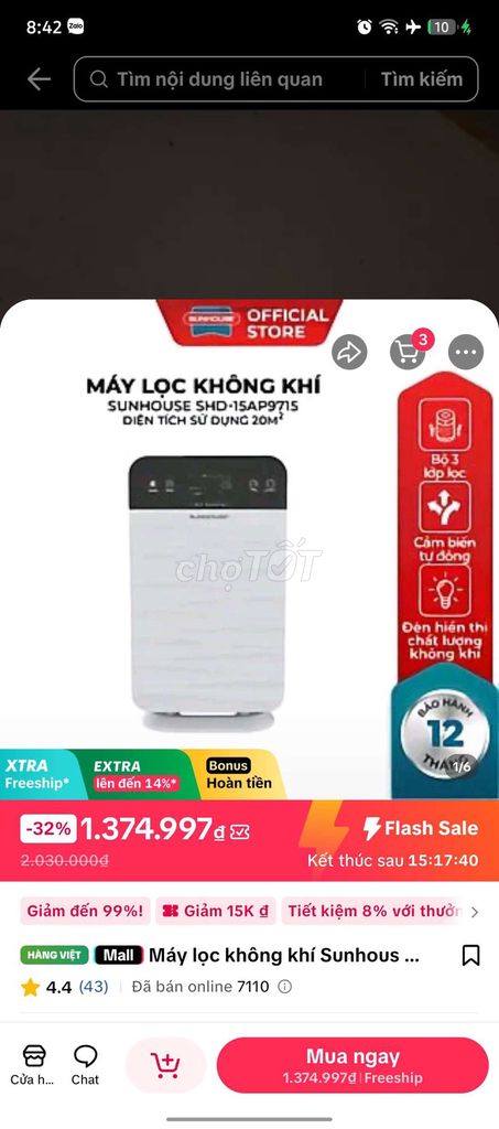 Máy lọc không khí Sunhouse SHD-15AD9715. Mua bán Nội thất, đồ gia dụng khác tại Quận 1 Tp Hồ Chí Minh được đăng bởi Kiệt hình 1