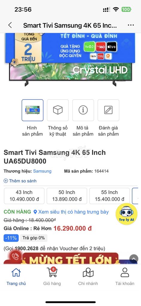 SMART TIVI SAMSUNG 4K 65 Inch