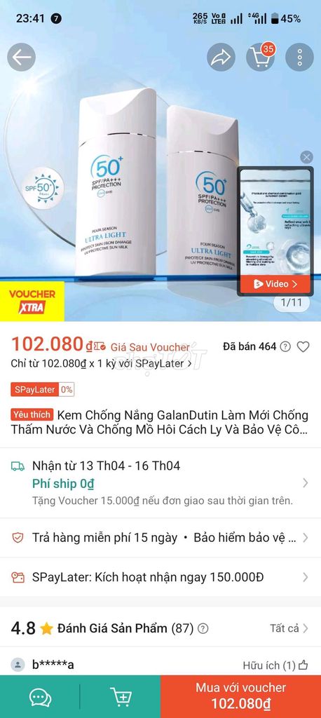 Kem chống nắng GalanDutin. Mua bán Phụ kiện thời trang khác tại Quận Hà Đông Hà Nội được đăng bởi Đỗ Ngân Hà hình 1