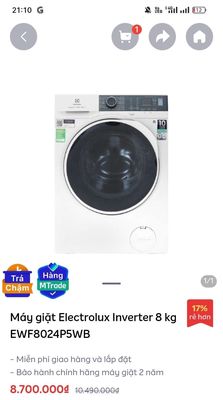 -Máy giặt Electrolux EWF8024P5WB 8kg mới 100%