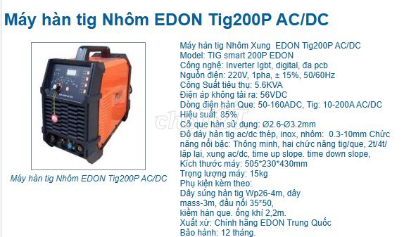 Máy hàn EDON TIG smart 200P Inverter Igbt. Mua bán Đồ chuyên dụng, Giống nuôi trồng tại Thành phố Hải Dương Hải Dương được đăng bởi Nam hình 1