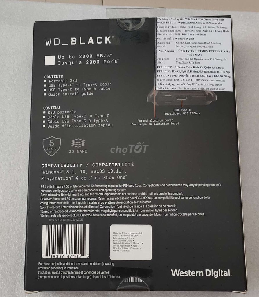 Ổ cứng di động SSD 500GB WD Black P50 Game
