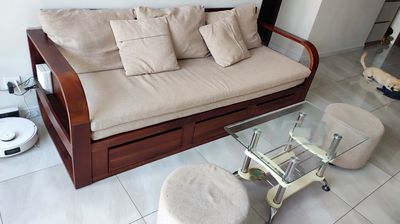 sofa giường gỗ (kèm bàn và 2 đôn)