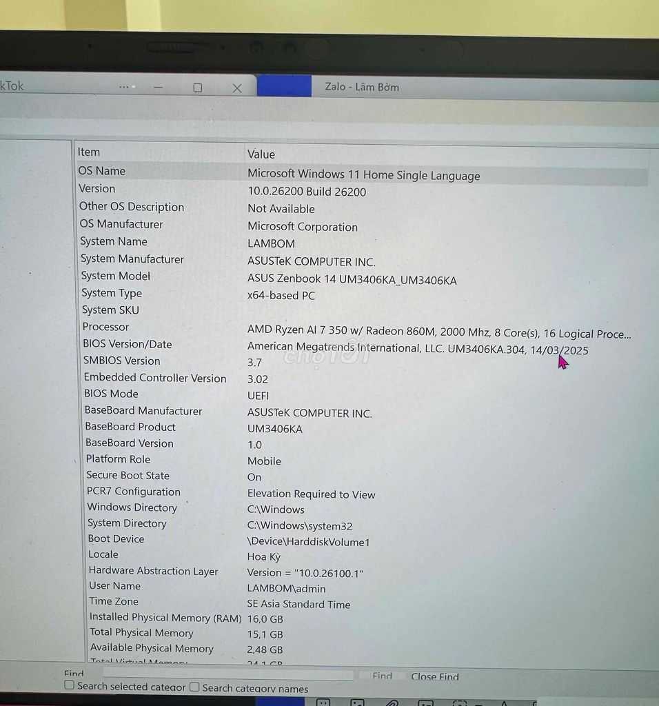 ASUS Zenbook 14 UM3406KA AMD Ryzen AI 7. Mua bán Laptop tại Quận Tân Bình Tp Hồ Chí Minh được đăng bởi Thái Doãn Lâm hình 1