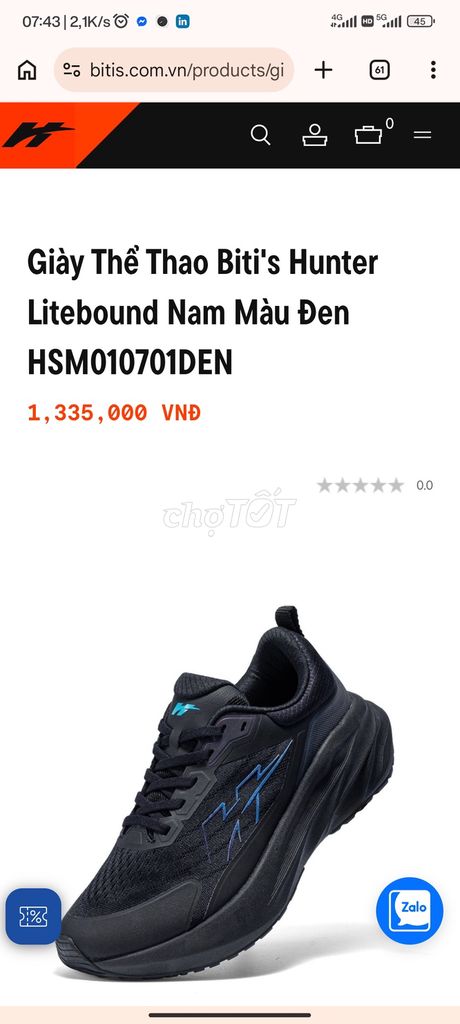 Giày thể thao Bitis Hunter Litebound Nam Đen 42. Mua bán Giày dép tại Huyện Thuỷ Nguyên Hải Phòng được đăng bởi Đức Anh hình 1