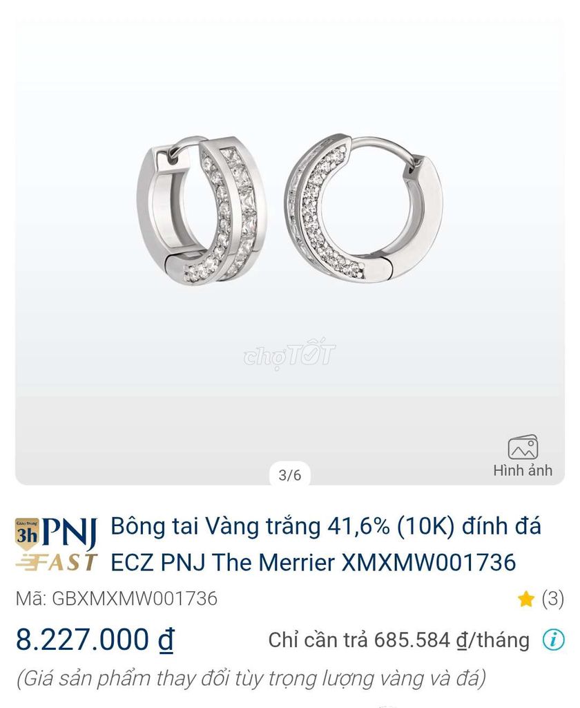Bông tai PNJ Vàng trắng 10K Đá ECZ Trắng. Mua bán Phụ kiện thời trang khác tại Quận 11 Tp Hồ Chí Minh được đăng bởi ani92 hình 1