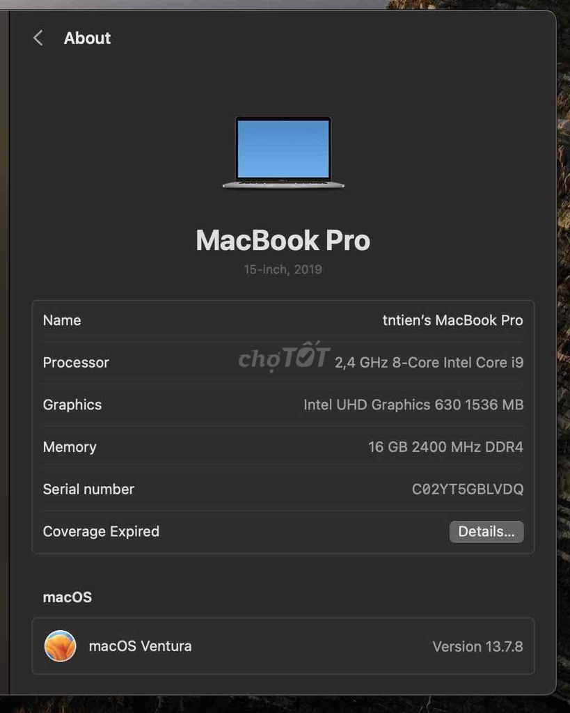 Apple MacBook Pro 2019 i9 16GB. Mua bán Laptop tại Quận Tây Hồ Hà Nội được đăng bởi Tuấn  hình 1