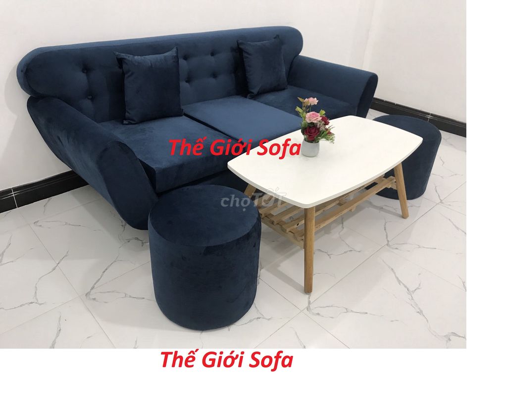 Bộ ghế sofa băng tay cong xanh nhung ở Đồng Nai