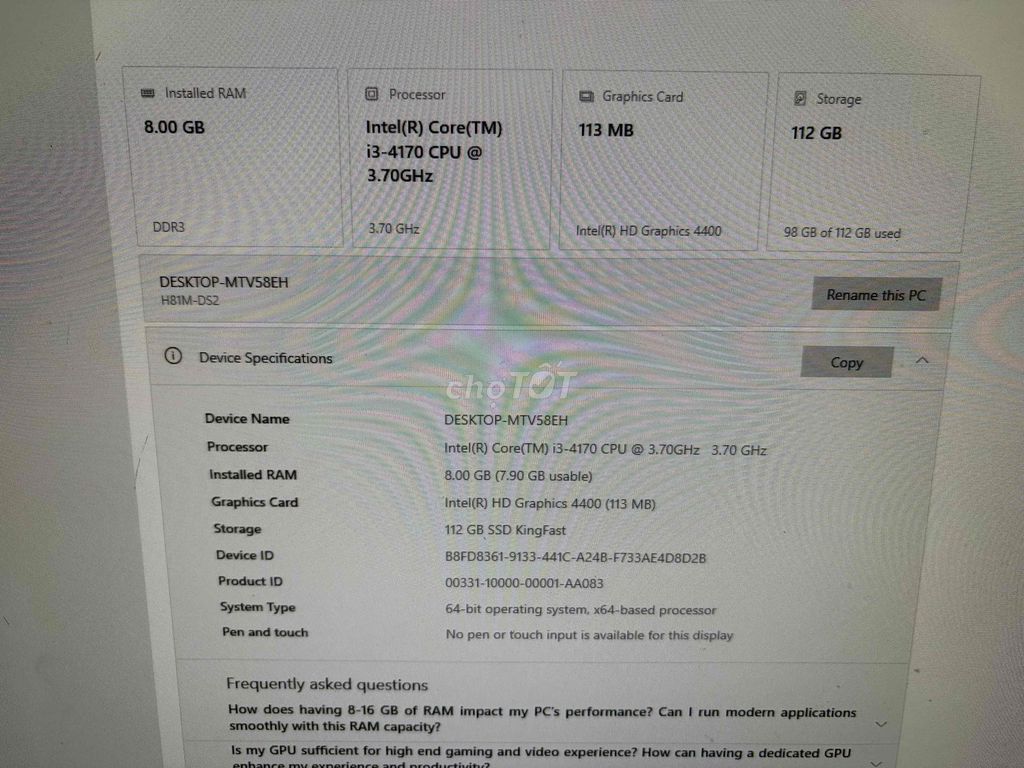 thùng pc i3-4170 8GB/120GB. Mua bán Máy tính để bàn tại Quận 12 Tp Hồ Chí Minh được đăng bởi Nguyen anh tuan hình 1