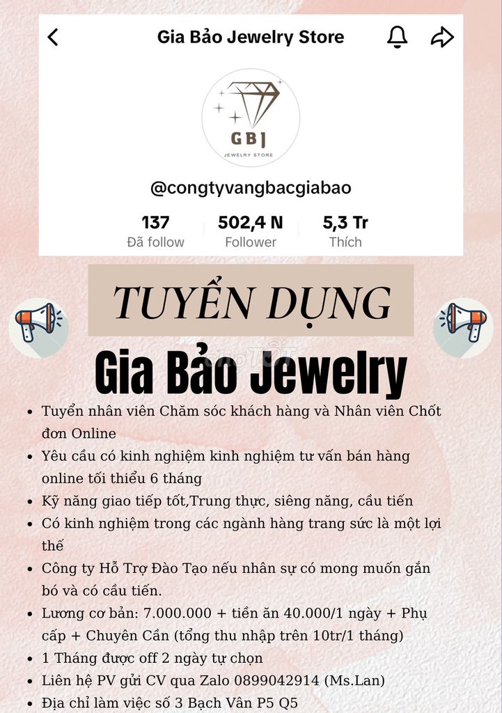 Gia Bảo Jewelry tuyển dụng (Chỉ Tuyển Nữ)