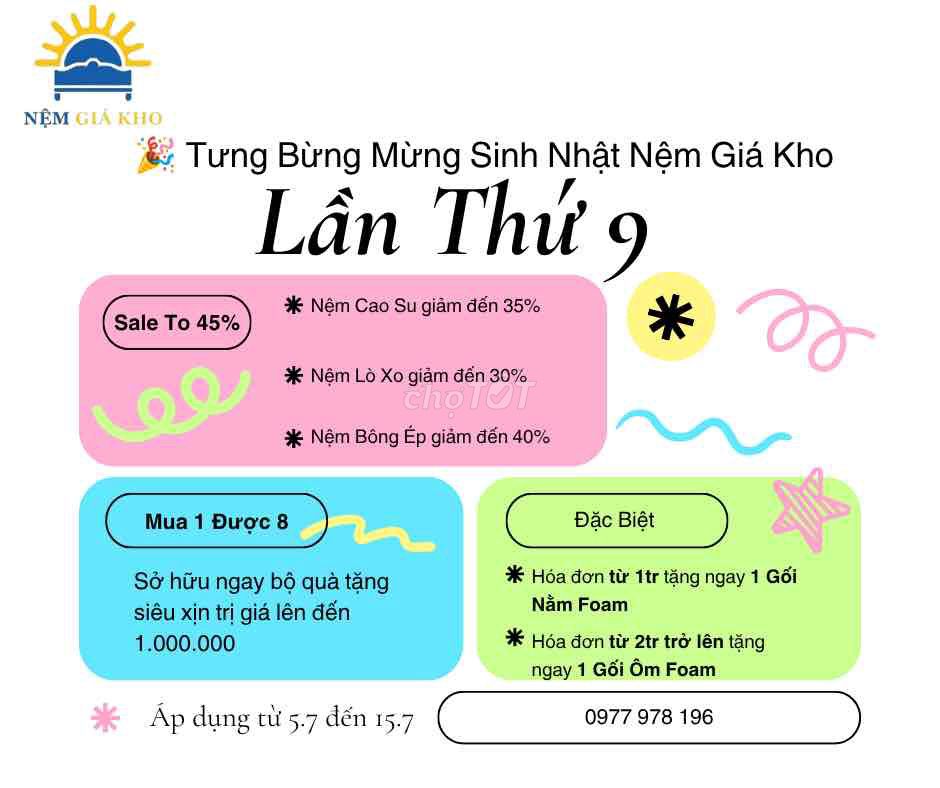 Mừng Sinh Nhật Nệm Giá Kho lần 9. Mua bán Giường, chăn ga gối nệm tại Quận Thốt Nốt Cần Thơ được đăng bởi Nệm Giá Kho Thốt Nốt hình 1