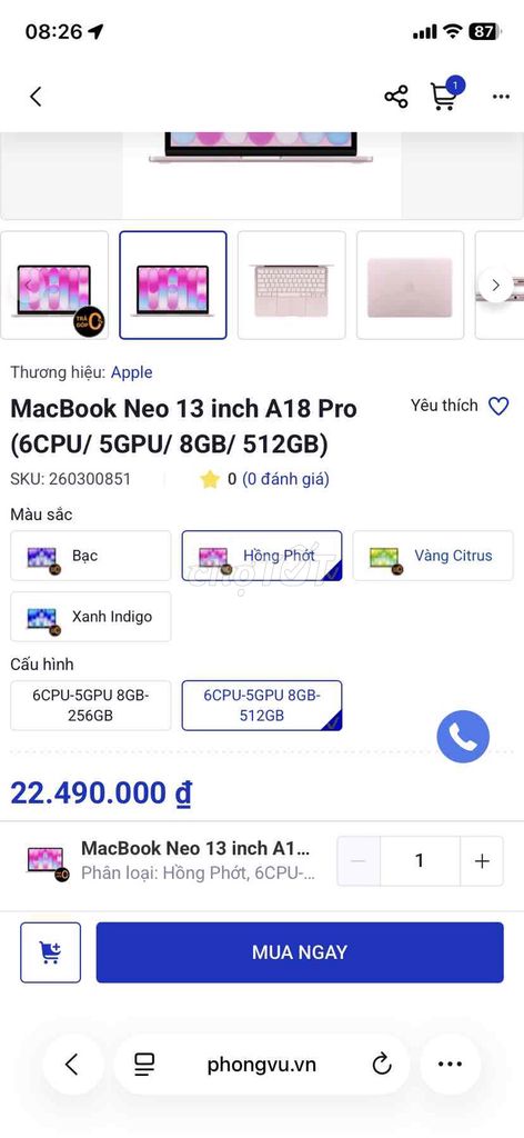 MacBook Neo 512GB Hồng newseal 100% PhongVu. Mua bán Laptop tại Quận Gò Vấp Tp Hồ Chí Minh được đăng bởi Ka hình 1