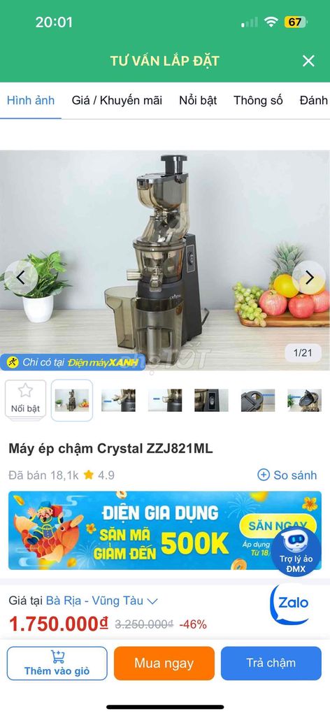 Máy ép chậm Crystal ZZJ821ML