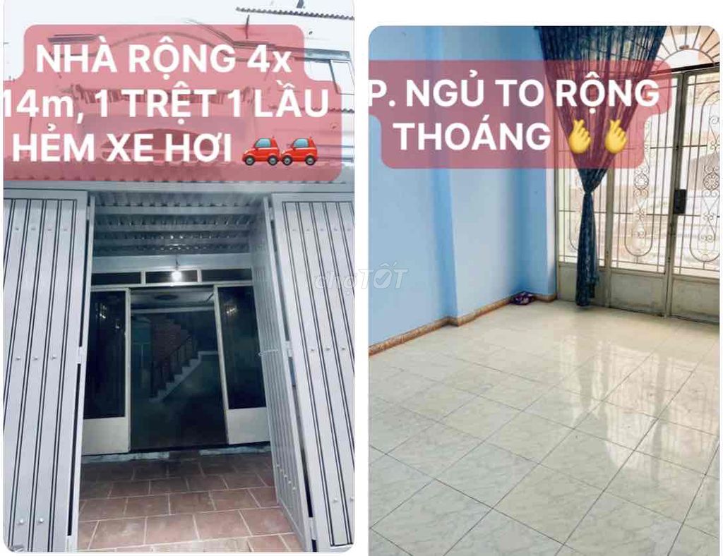 NHÀRỘNG,HẺM TO XE HƠI ĐẬU,4x 14m,1TRỆT 1L SÂN XE THOẢI MÁI,KHO HÀNG