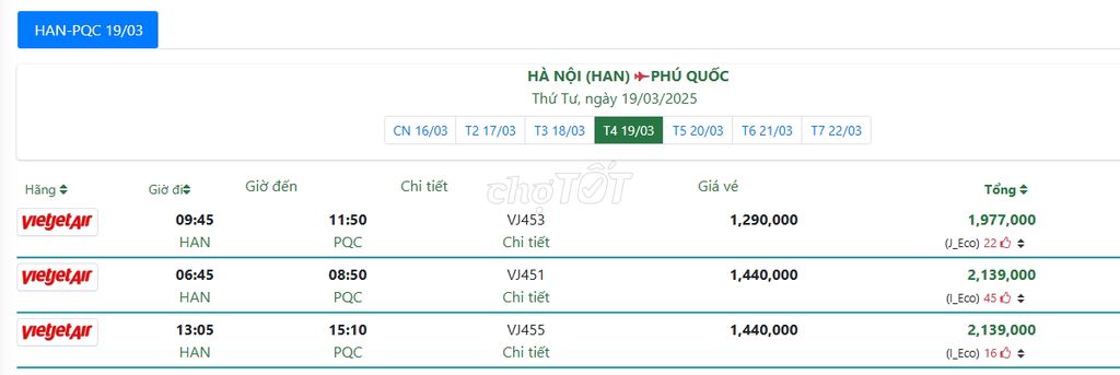 HÀ NỘI (HAN) PHÚ QUỐC Thứ Tư, ngày 19/03/2025 14