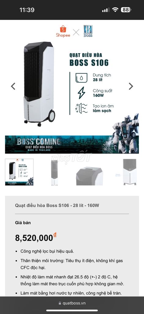 QUẠT ĐIỀU HOÀ BOSS S106 MỚI 100% CÒN BẢO HÀNH