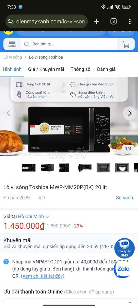 Lò vi sóng toshiba 20 lít chưa sử dụng