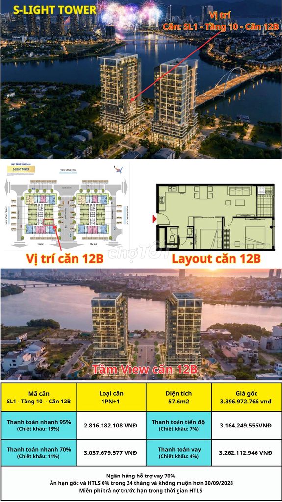 CĂN 2PN/57.6M2 GIÁ TỪ 2.816 TỶ - HÒA XUÂN - CĂN HỘ S-LIGHT TOWER 