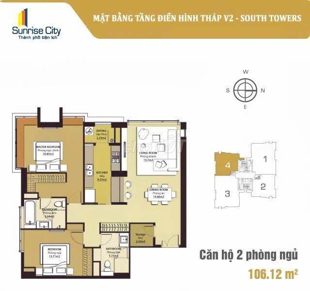 Căn góc 2PN - 106m2 - Có sổ hồng - Có bãi ôtô tại Sunrise City quận 7.