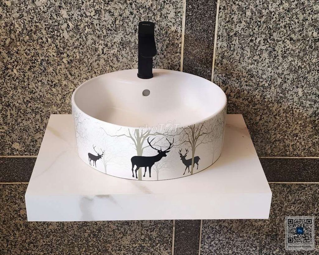 Chậu lavabo đặt bàn HTH13 tròn hoa văn hươu