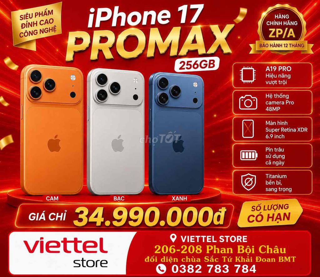 Apple iPhone 17 Pro Max 256GB Cam, Bạc, Xanh. Mua bán Điện thoại tại Thành phố Buôn Ma Thuột Đắk Lắk được đăng bởi Minh Quang hình 1