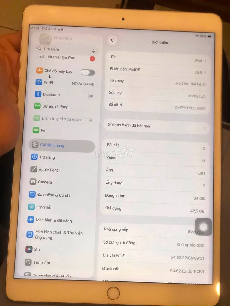 Apple iPad Air 3 64GB LTE Bạc Đã qua sử dụng. Mua bán Máy tính bảng tại Quận 10 Tp Hồ Chí Minh được đăng bởi Hội Đồ Điện Tử hình 1