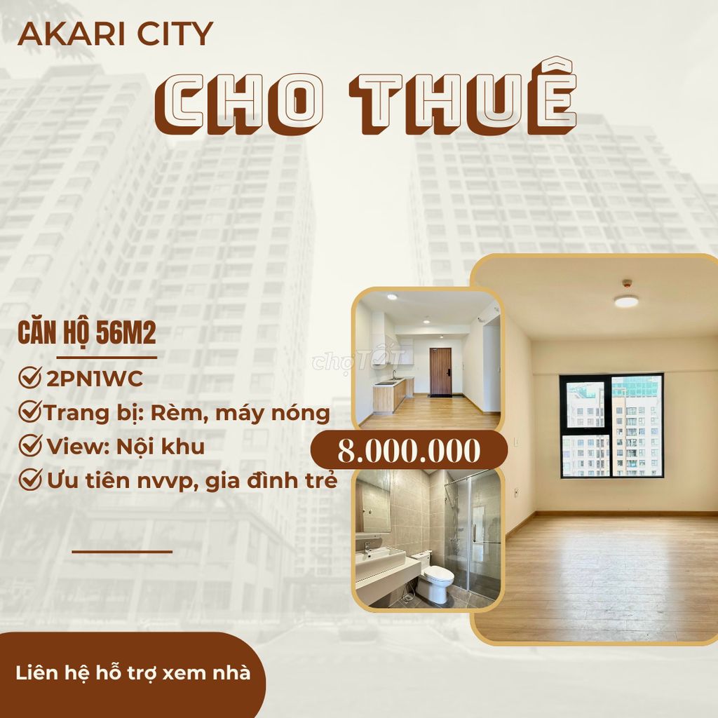 Cho thuê Akari City 56m2 2PN1WC, Tầng Trung, Nội Khu.