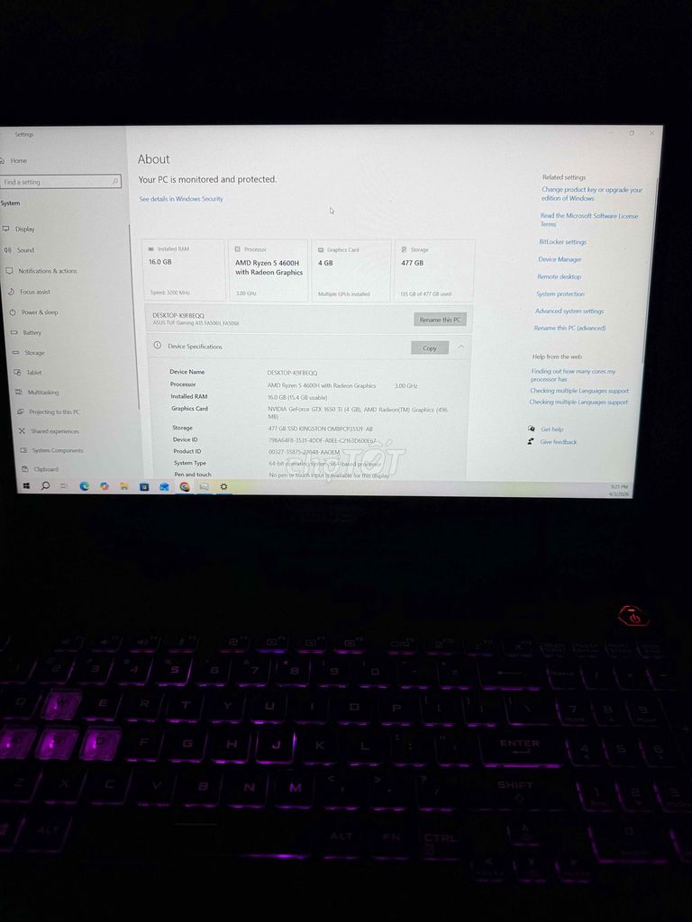 Asus TUF Gaming R5 4600H 16GB/512GB. Mua bán Laptop tại Quận Đống Đa Hà Nội được đăng bởi hamy hình 1