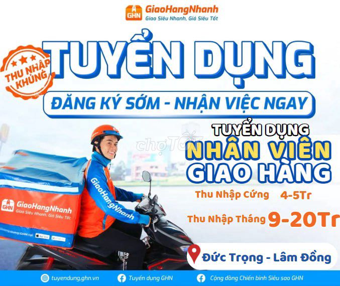 ĐỨC TRỌNG TUYỂN THÊM 4 NV GIAO HÀNG LƯƠNG 9-20 TR