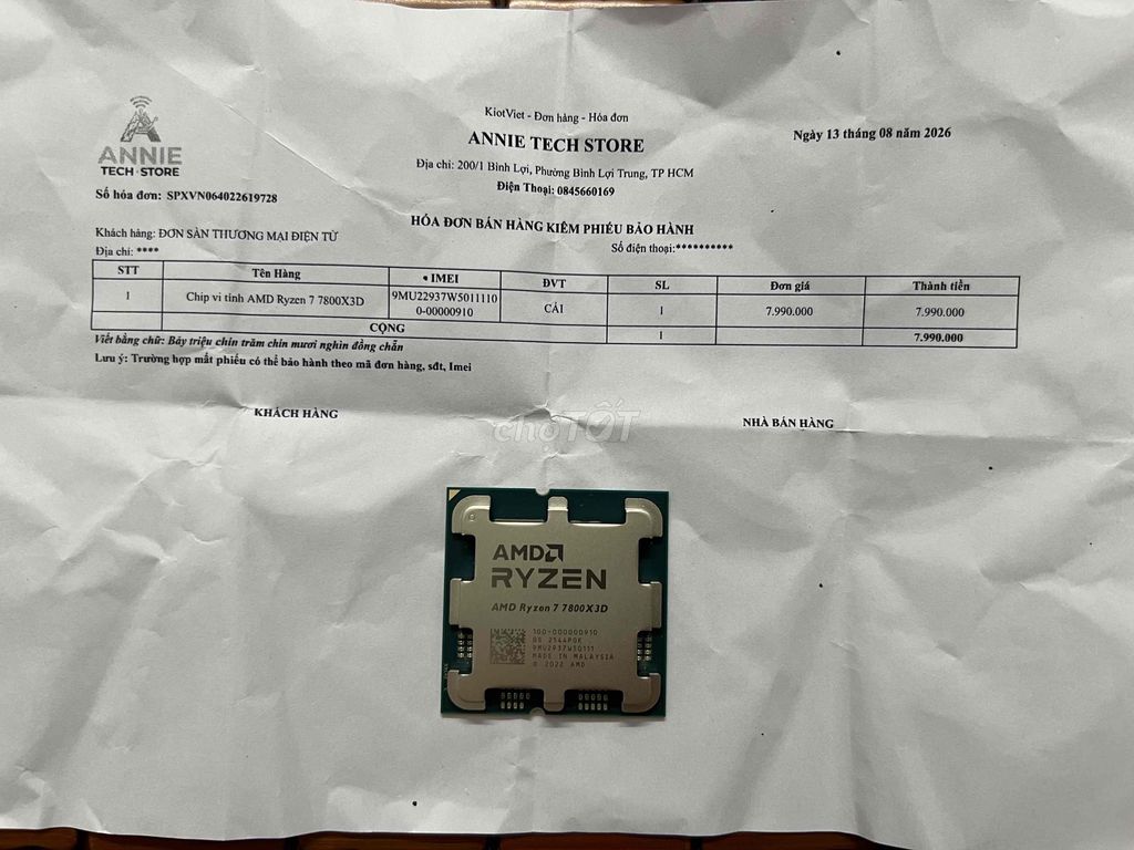 CPU AMD Ryzen 7 7800X3D Mới. Mua bán Linh kiện (RAM, Card...) tại Thành phố Vĩnh Long Vĩnh Long được đăng bởi C hình 1