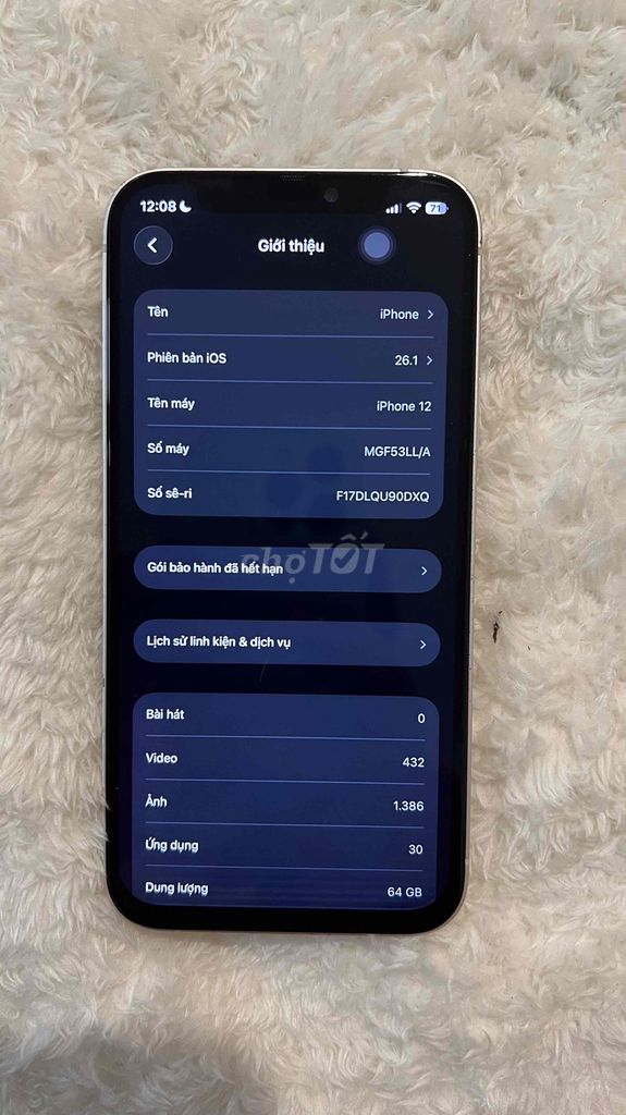 Apple iPhone 12 64GB Trắng Đã dùng. Mua bán Điện thoại tại Quận Tân Phú Tp Hồ Chí Minh được đăng bởi Lucas hình 1