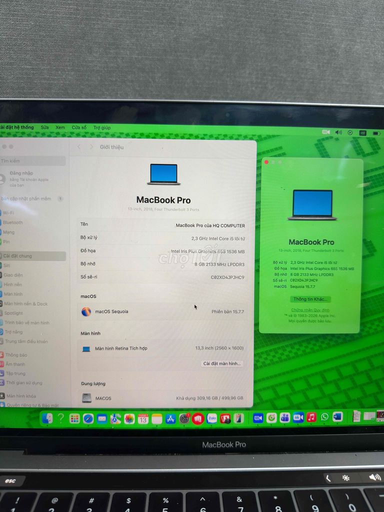 Apple MacBook Pro i5 13.3 inch 8GB/512GB 2018 Xám. Mua bán Laptop tại Quận Đống Đa Hà Nội được đăng bởi HQ Computer Chùa Láng hình 1