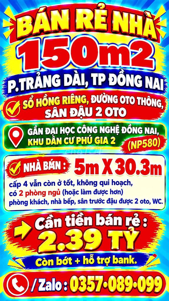 152m2 BÁN RẺ NHÀ TRẢNG DÀI, SỔ HỒNG RIÊNG, ĐƯỜNG OTO THÔNG, SÂN OTO