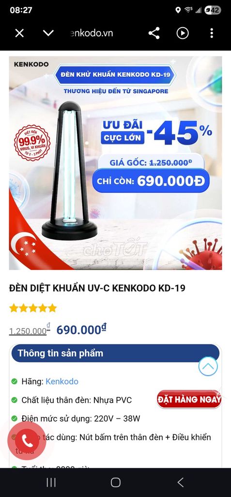 Đèn diệt khuẩn Kenkodo KD-19 Nhựa PVC Đen. Mua bán Đèn tại Thành phố Dĩ An Bình Dương được đăng bởi Vinh Tran hình 1