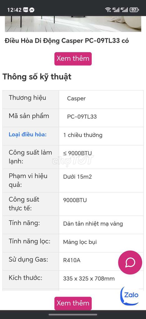 Điều hoà di động CASPER PC 09TL33 ít dùng cần bán