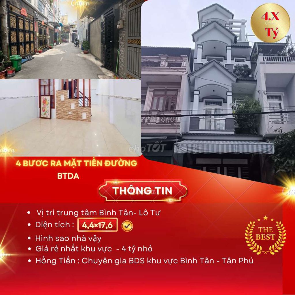 Bá.n nhà Lô Tư - DT 4,4m *16,6m - 4 Bước ra mặt tiền - Giá 4.5 tỉ TL