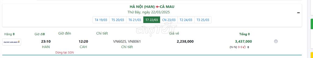 HÀ NỘI (HAN) CÀ MAU Thứ Bảy, ngày 22/03/2025