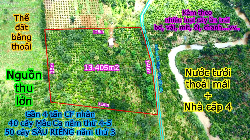 1,34ha nguồn thu mạnh, mặt tiền nhiều, sổ vuông vức, gần QL14