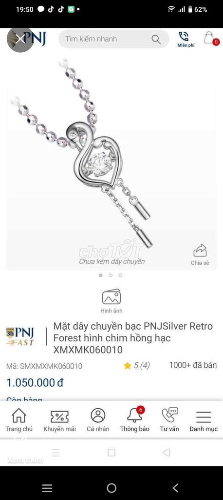 Thanh lý mặt dây chuyền bạc pnj đá nhảy