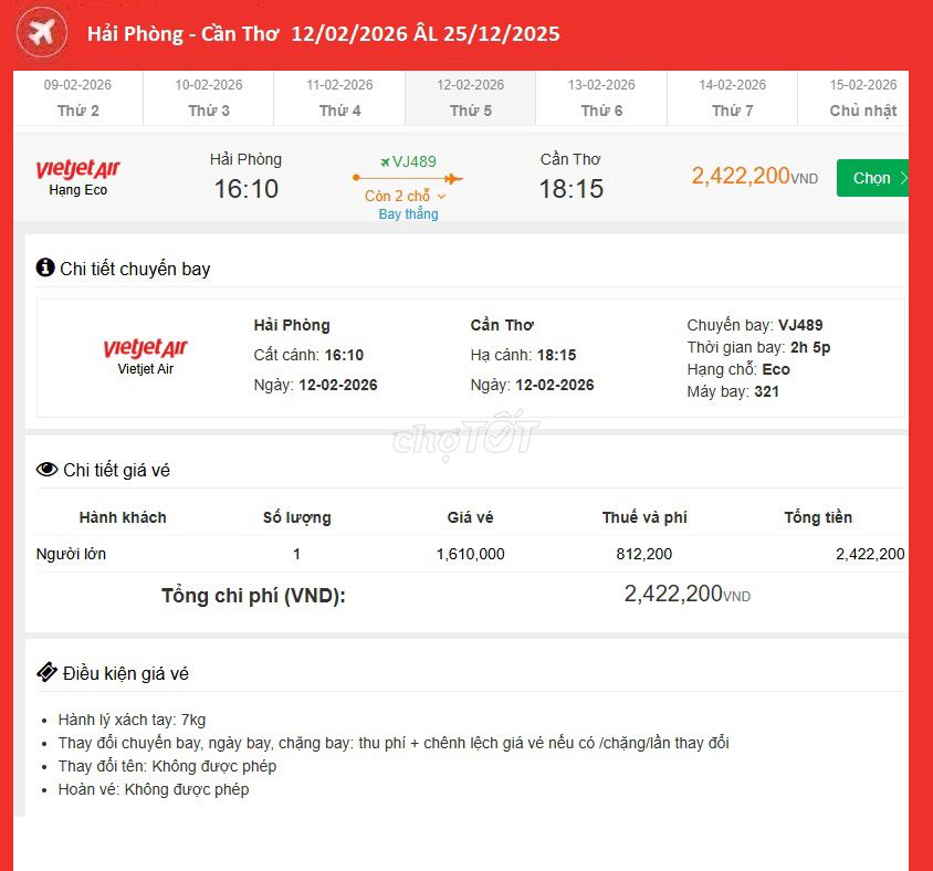 Vé máy bay Hải Phòng Cần Thơ 12/02/2026. Du lịch tại Quận 6 Tp Hồ Chí Minh được đăng bởi Nguyễn Minh Đức hình 1