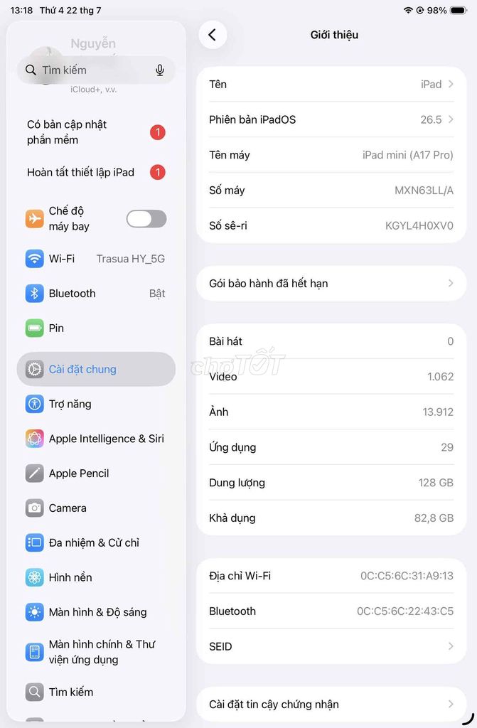Apple iPad mini 7 Wifi Xám 128GB 96%. Mua bán Máy tính bảng tại Quận 6 Tp Hồ Chí Minh được đăng bởi Phối Nguyễn hình 1