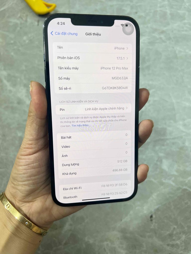 12prm 512G may 98%  thấy pin zin chính hãng apple