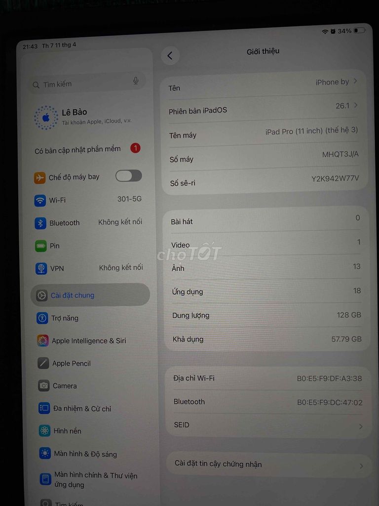 Apple iPad Pro M1 11 inch 128GB Bạc. Mua bán Máy tính bảng tại Quận Đống Đa Hà Nội được đăng bởi báo lê hình 1