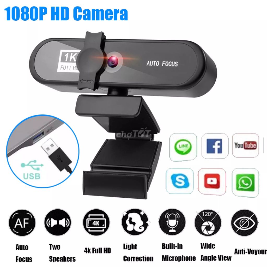 Webcam Cao Cấp Full HD 1080P, Tích hợp Micro