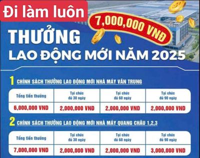 Thưởng 7 triệu cho công nhân mới. Việc làm tại Huyện Việt Yên Bắc Giang được đăng bởi Nguyễn Thị Thảo hình 1