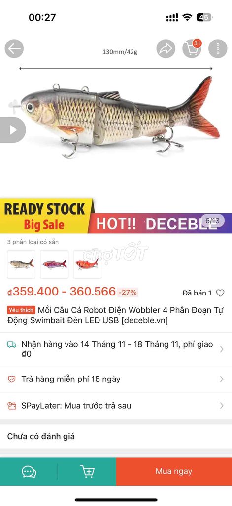 Mồi Câu Cá Robot Điện Wobbler 4 Phân Đoạn Tự Động